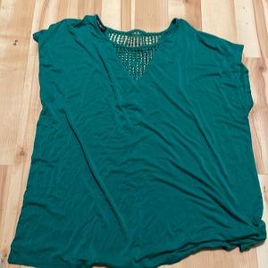 Lane Bryant stretchy s/s knit top with lattice-like chest and back cutouts GUC